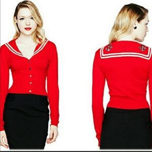 Hell Bunny Rockabilly Classic Retro Anchor Sailor Collared Long Sleeve Cardigan